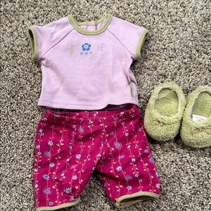 American Girl brand Lavender and Floral Pajama Set with matching Green Slippers
